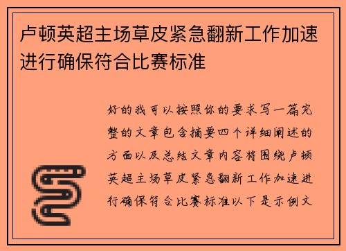 卢顿英超主场草皮紧急翻新工作加速进行确保符合比赛标准